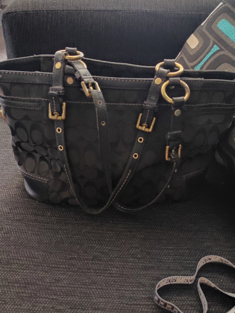Coach Black Canvas Signature Tote Handbag with Gold Hardware